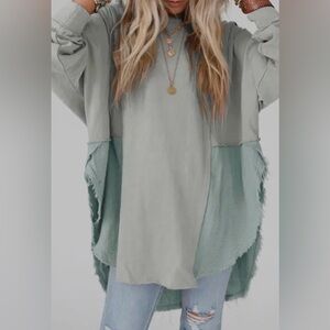 Oversized Two-Tone Tunic Top, Blue, Long Sleeve, Distressed Hem